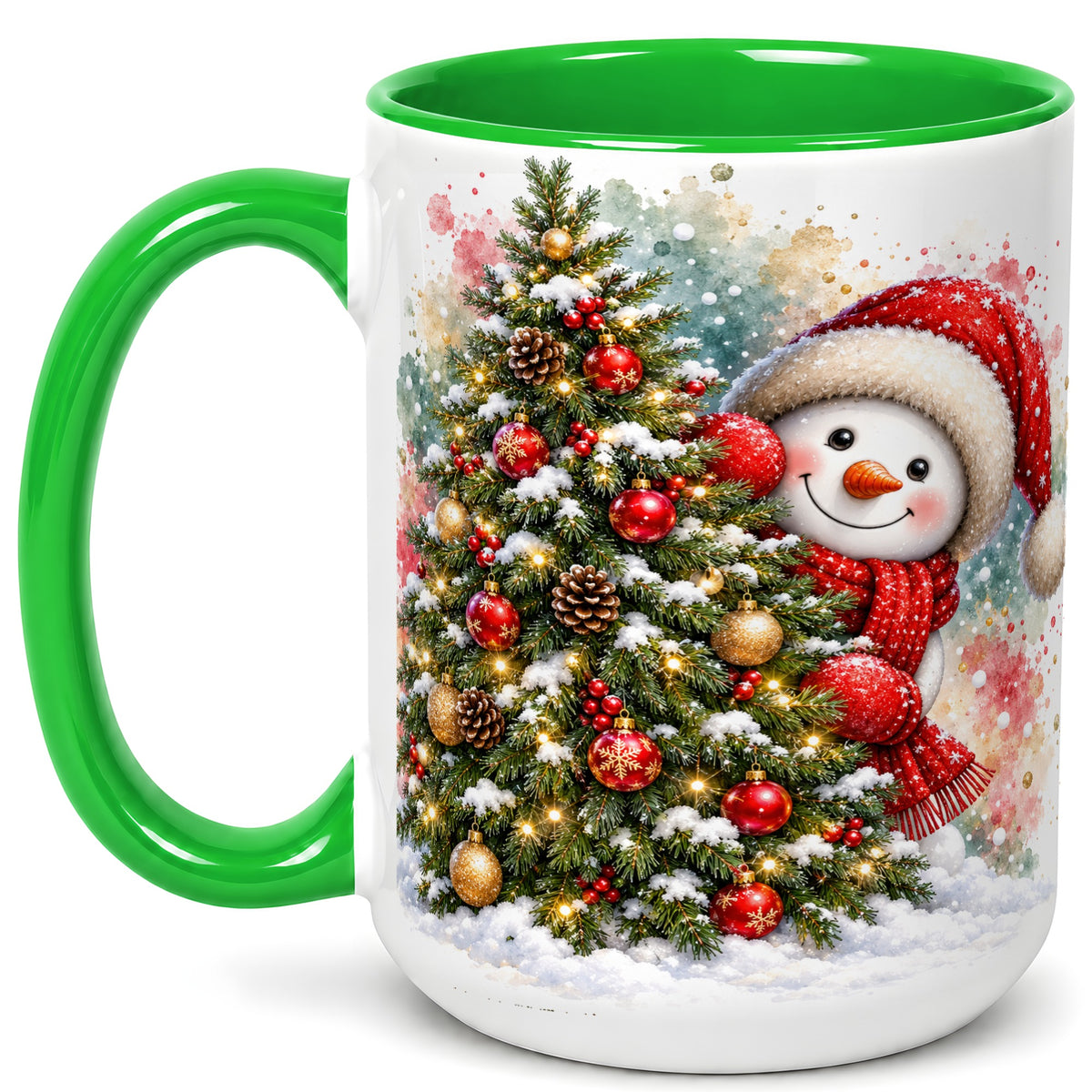 #pl[15oz|Green] Christmas Tree Snowman Coffee Mug, Holiday Snowman Mug, Ceramic Cup