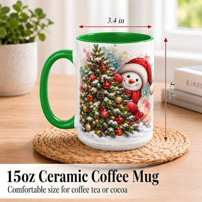#pl[15oz|Green] Christmas Tree Snowman Coffee Mug, Holiday Snowman Mug, Ceramic Cup