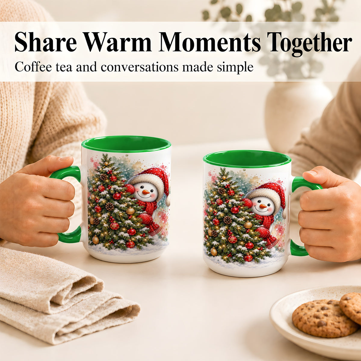#pl[15oz|Green] Christmas Tree Snowman Coffee Mug, Holiday Snowman Mug, Ceramic Cup