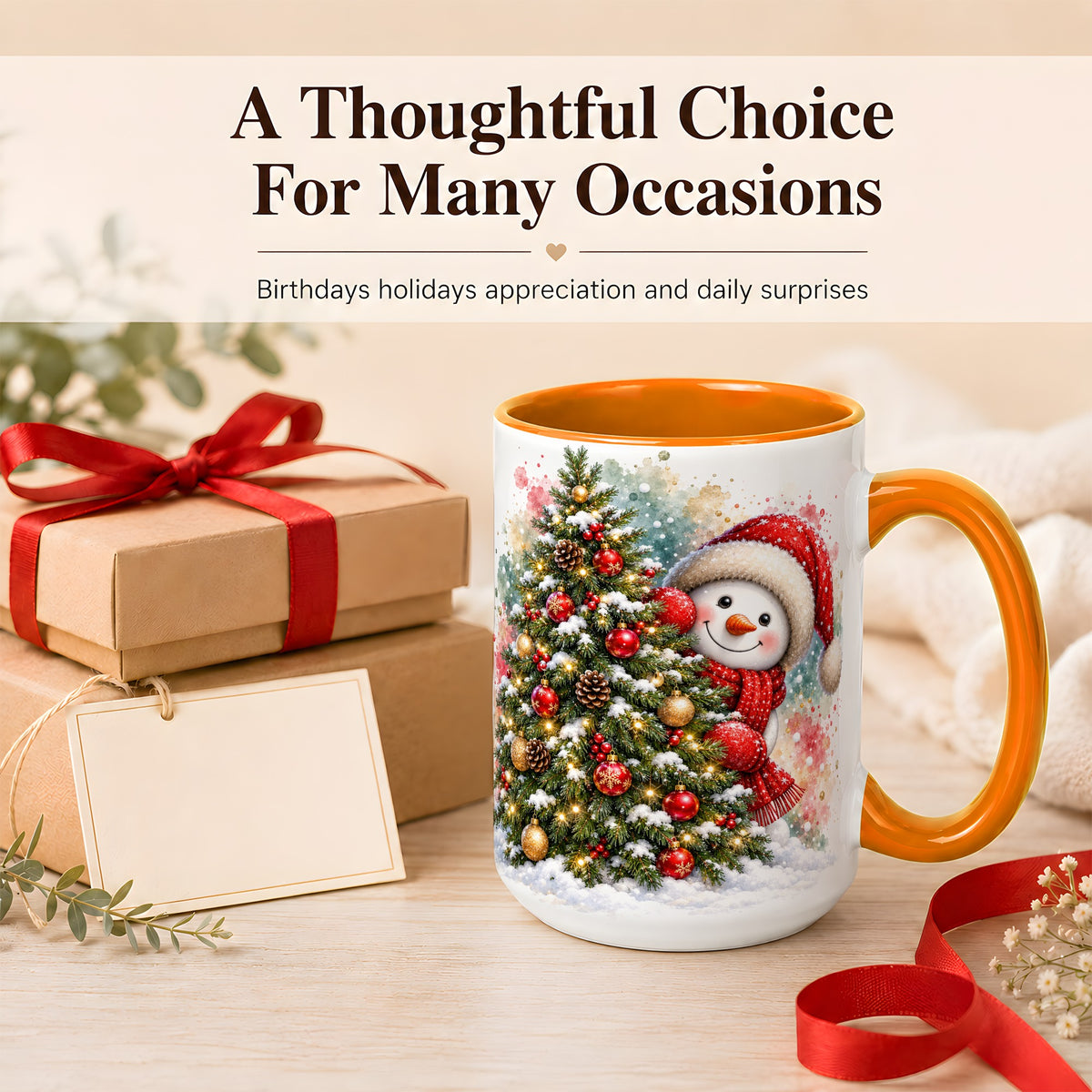 #pl[15oz|Orange] Christmas Tree Snowman Coffee Mug, Holiday Snowman Mug, Ceramic Cup
