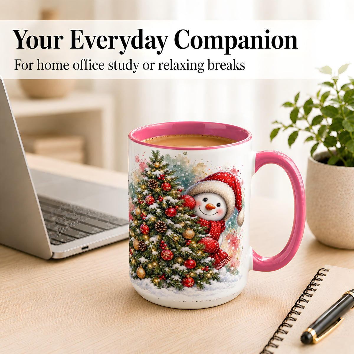#pl[15oz|Pink] Christmas Tree Snowman Coffee Mug, Holiday Snowman Mug, Ceramic Cup