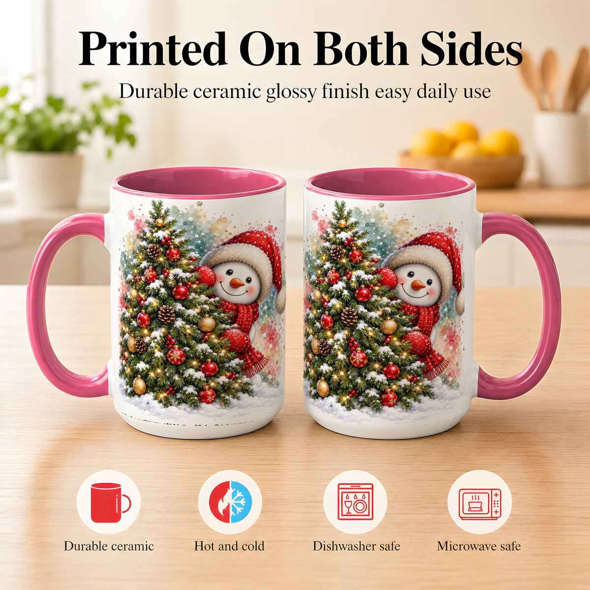 #pl[15oz|Pink] Christmas Tree Snowman Coffee Mug, Holiday Snowman Mug, Ceramic Cup