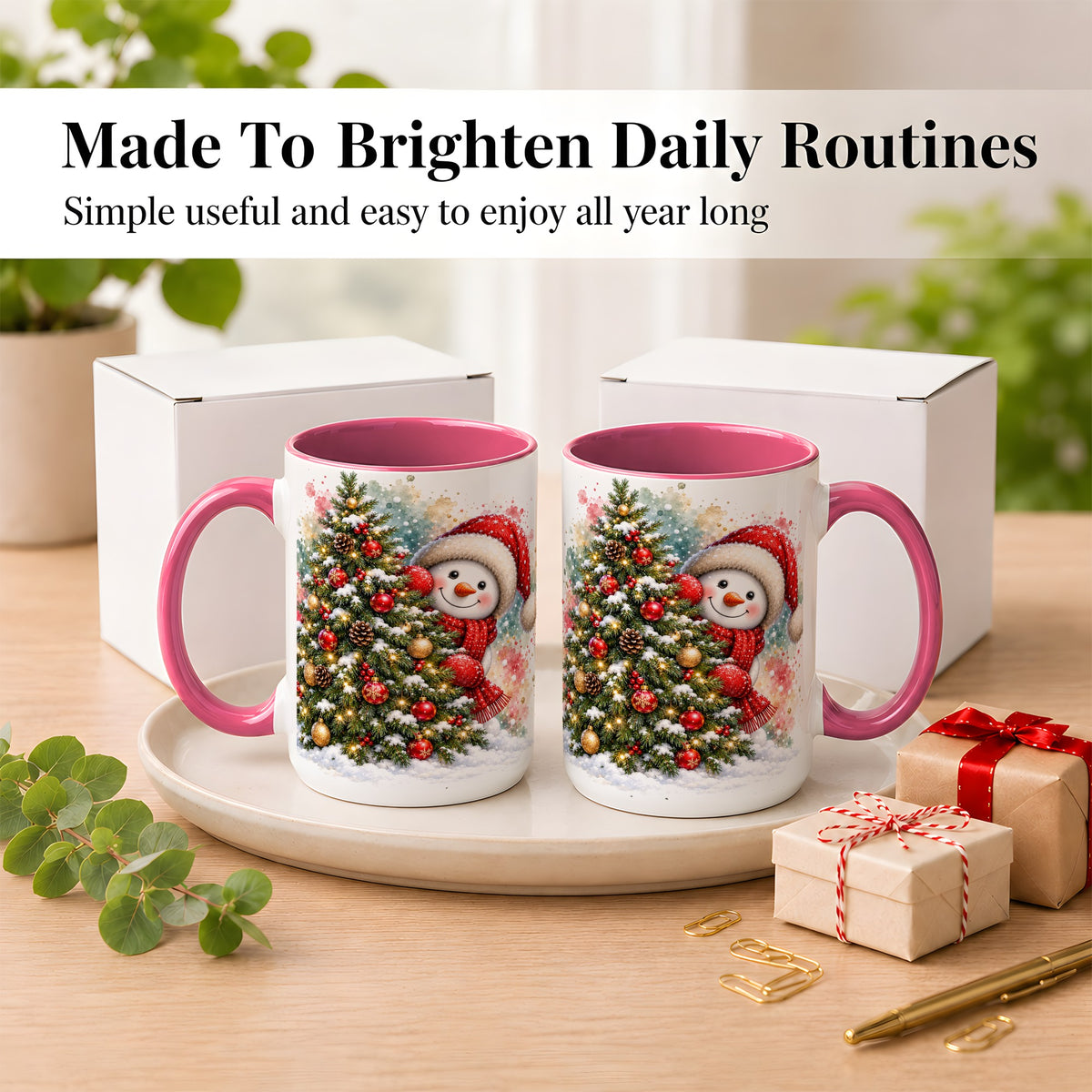 #pl[15oz|Pink] Christmas Tree Snowman Coffee Mug, Holiday Snowman Mug, Ceramic Cup