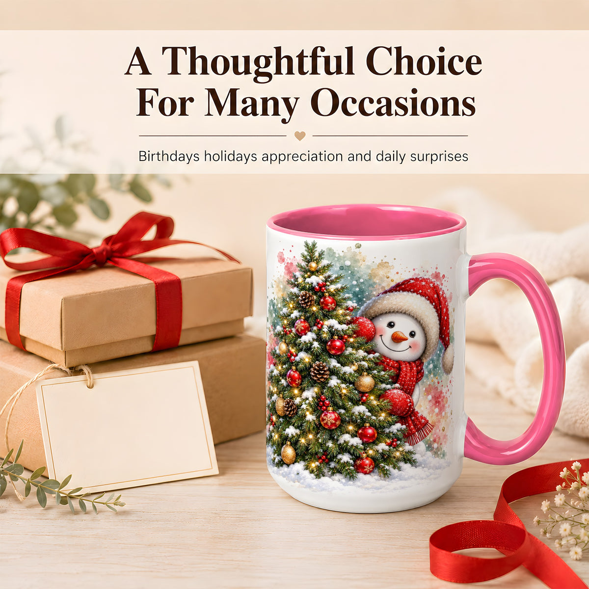 #pl[15oz|Pink] Christmas Tree Snowman Coffee Mug, Holiday Snowman Mug, Ceramic Cup