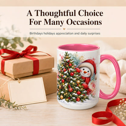 #pl[15oz|Pink] Christmas Tree Snowman Coffee Mug, Holiday Snowman Mug, Ceramic Cup