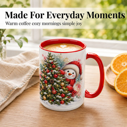 #pl[15oz|Red] Christmas Tree Snowman Coffee Mug, Holiday Snowman Mug, Ceramic Cup
