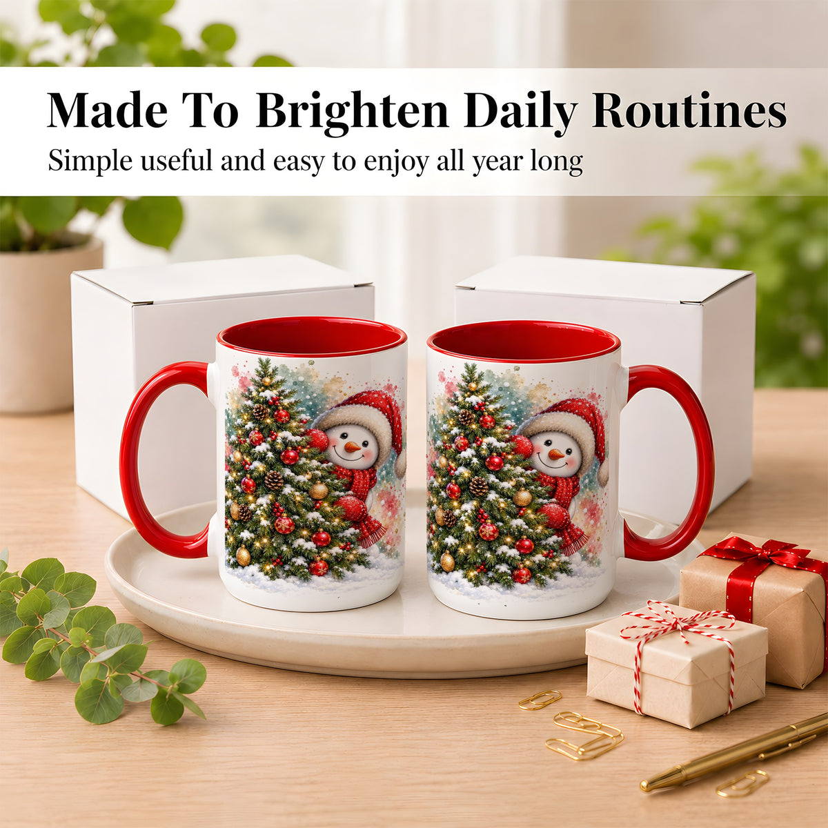 #pl[15oz|Red] Christmas Tree Snowman Coffee Mug, Holiday Snowman Mug, Ceramic Cup