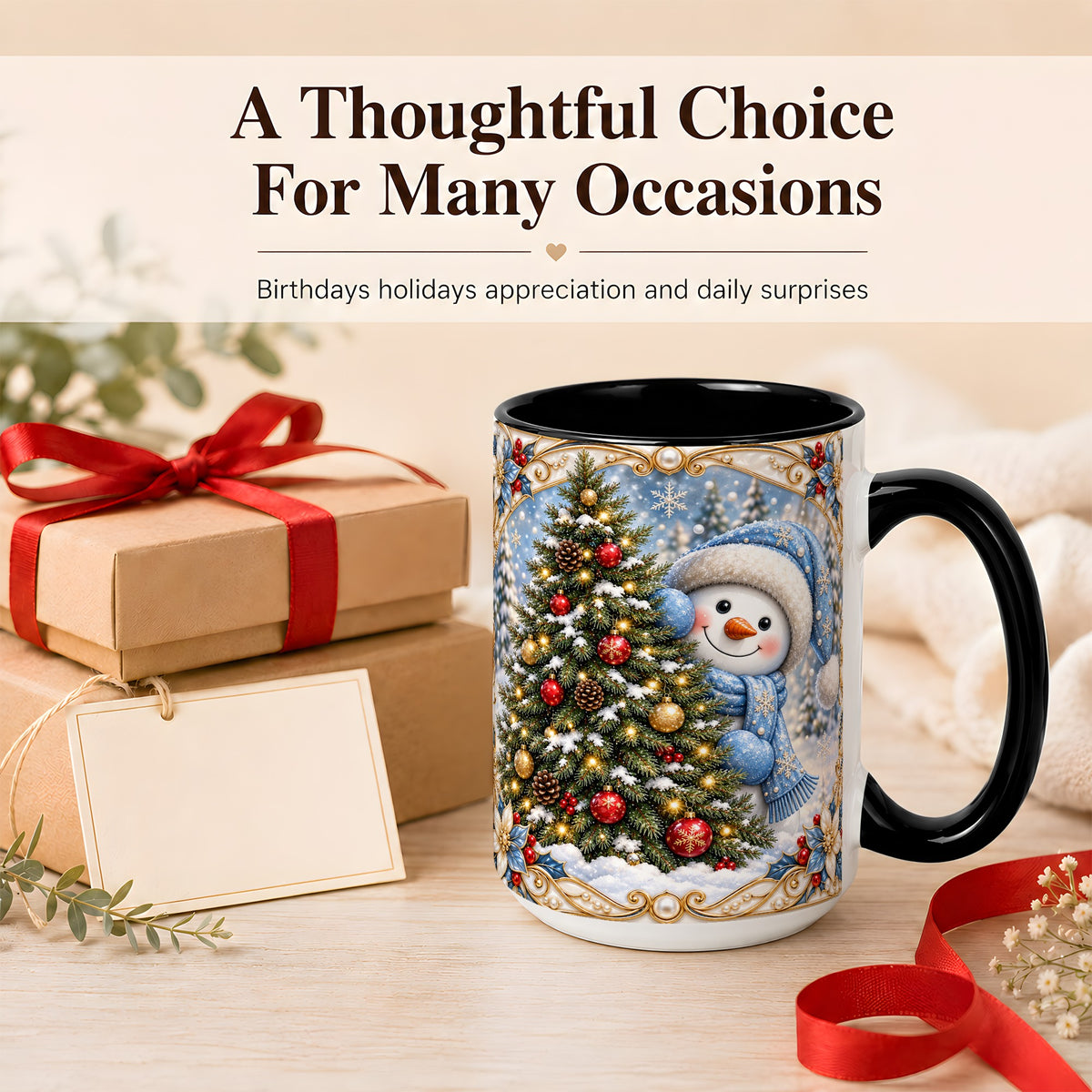 #pl[15oz|Black] Blue Winter Snowman Coffee Mug, Christmas Tree Snowman Mug, Ceramic Cup