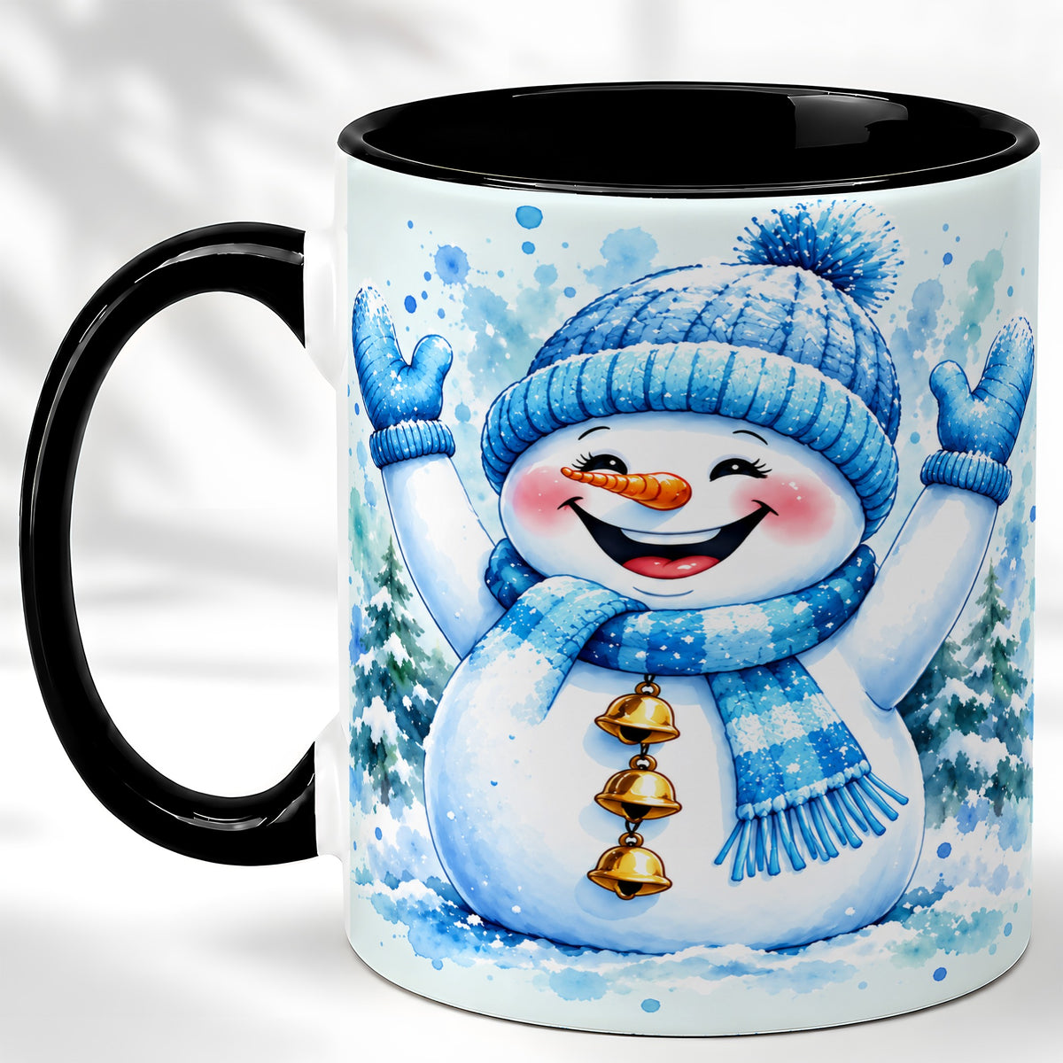 #pl[11oz|Black] Cheerful Blue Snowman Coffee Mug, Winter Snowman Mug, Ceramic Cup
