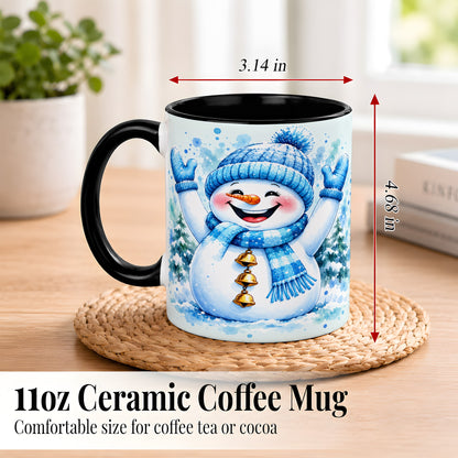 #pl[11oz|Black] Cheerful Blue Snowman Coffee Mug, Winter Snowman Mug, Ceramic Cup