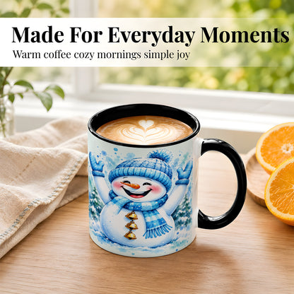 #pl[11oz|Black] Cheerful Blue Snowman Coffee Mug, Winter Snowman Mug, Ceramic Cup