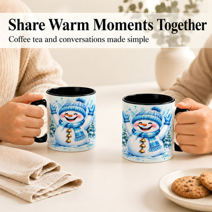 #pl[11oz|Black] Cheerful Blue Snowman Coffee Mug, Winter Snowman Mug, Ceramic Cup