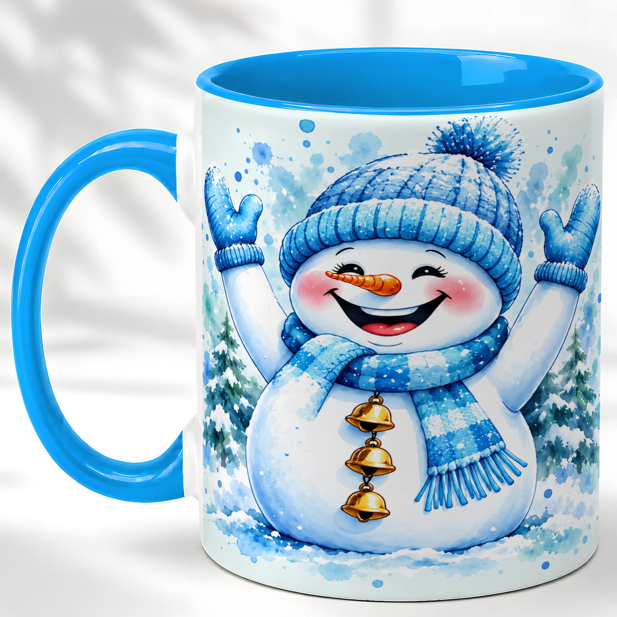 #pl[11oz|Blue] Cheerful Blue Snowman Coffee Mug, Winter Snowman Mug, Ceramic Cup