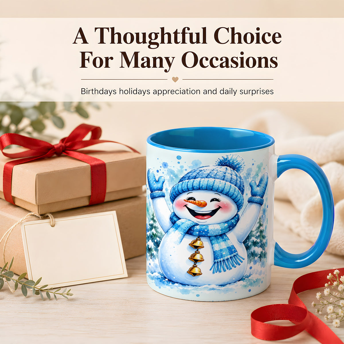 #pl[11oz|Blue] Cheerful Blue Snowman Coffee Mug, Winter Snowman Mug, Ceramic Cup