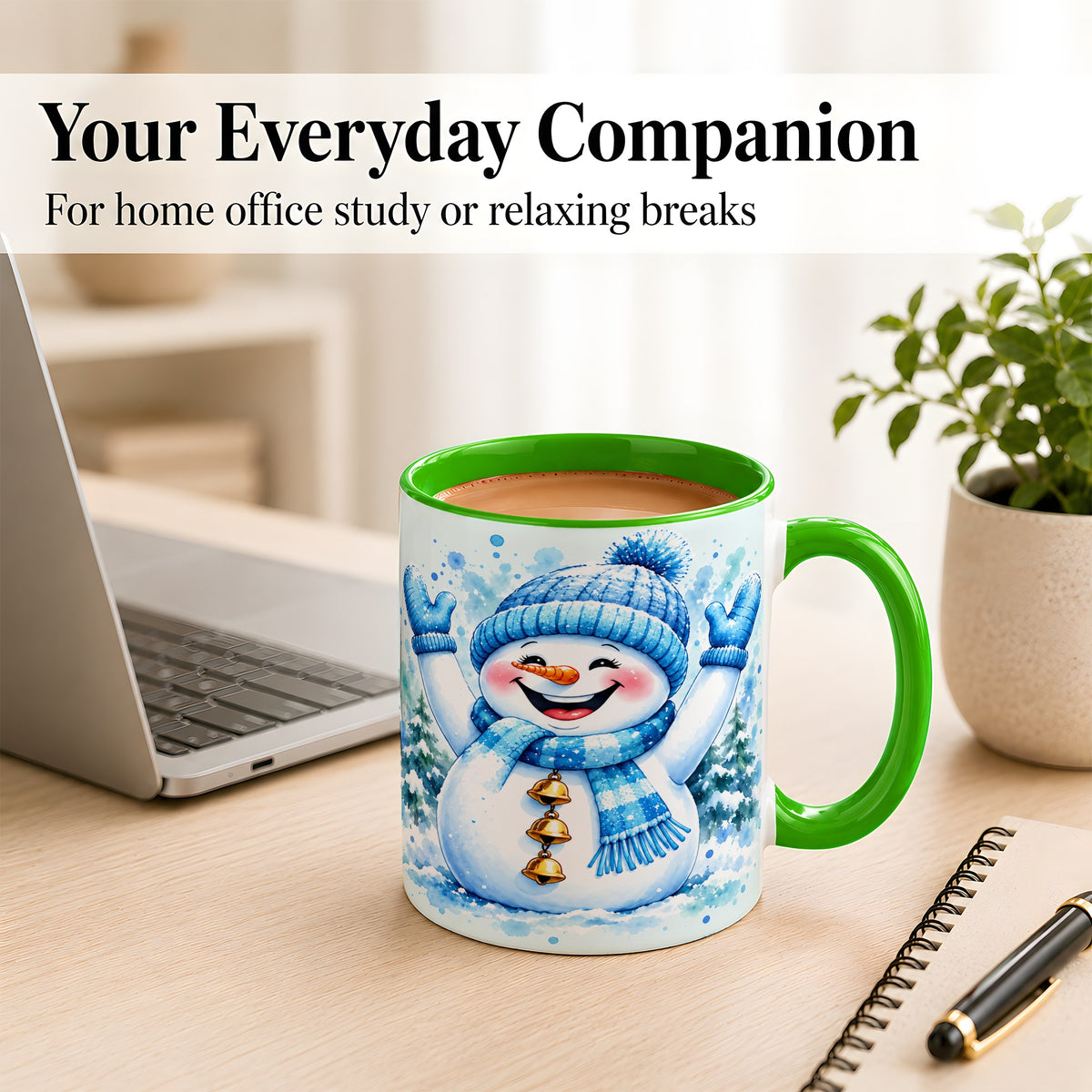 #pl[11oz|Green] Cheerful Blue Snowman Coffee Mug, Winter Snowman Mug, Ceramic Cup