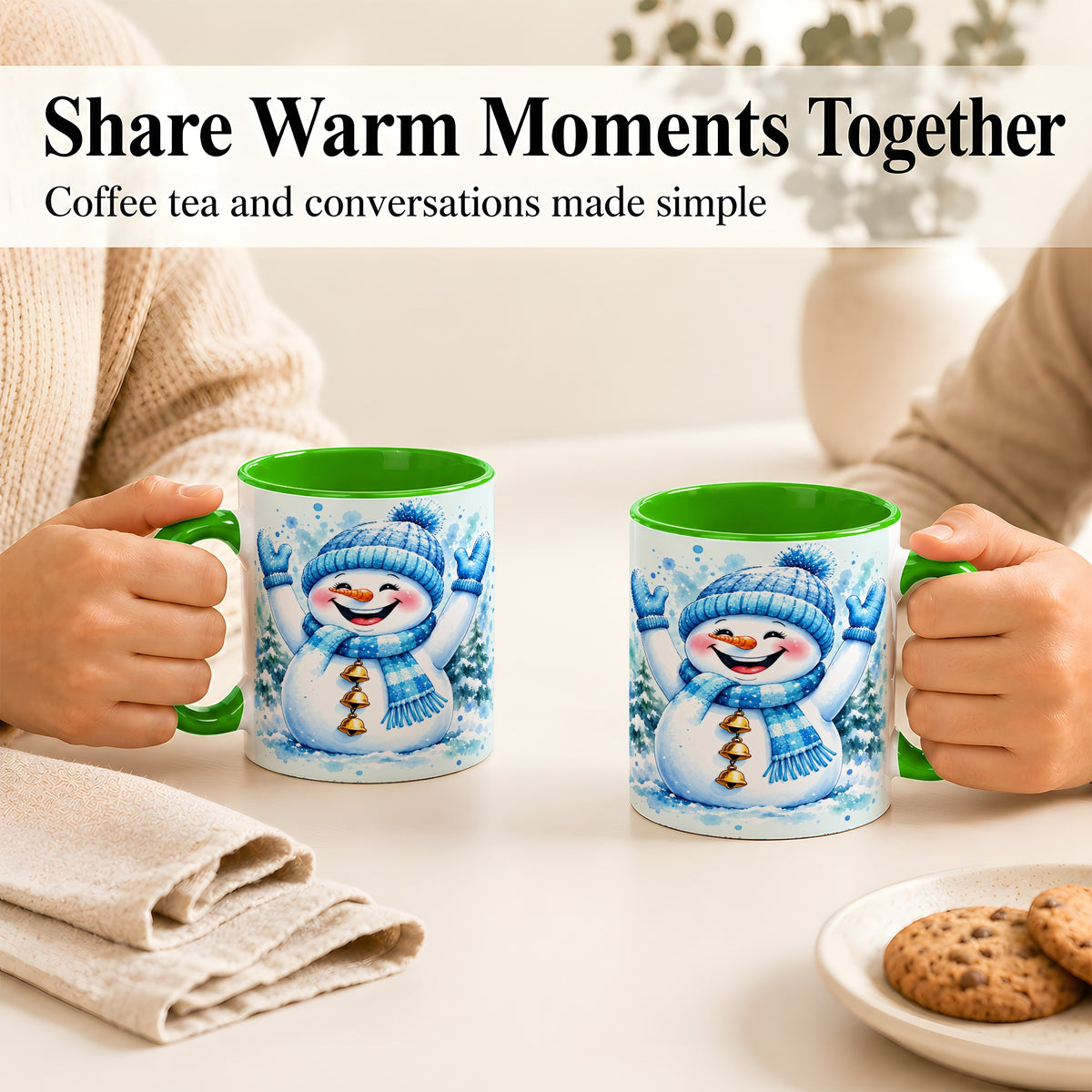 #pl[11oz|Green] Cheerful Blue Snowman Coffee Mug, Winter Snowman Mug, Ceramic Cup