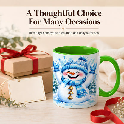 #pl[11oz|Green] Cheerful Blue Snowman Coffee Mug, Winter Snowman Mug, Ceramic Cup