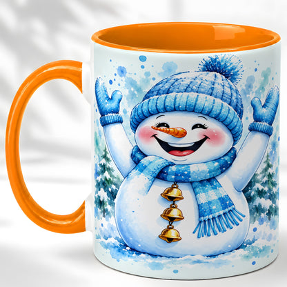 #pl[11oz|Orange] Cheerful Blue Snowman Coffee Mug, Winter Snowman Mug, Ceramic Cup