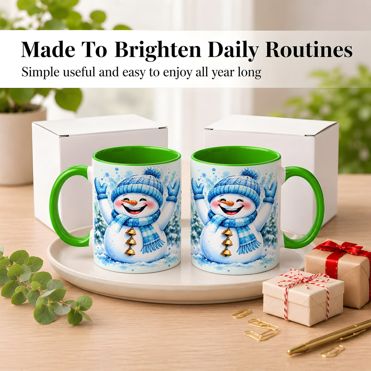 #pl[11oz|Green] Cheerful Blue Snowman Coffee Mug, Winter Snowman Mug, Ceramic Cup
