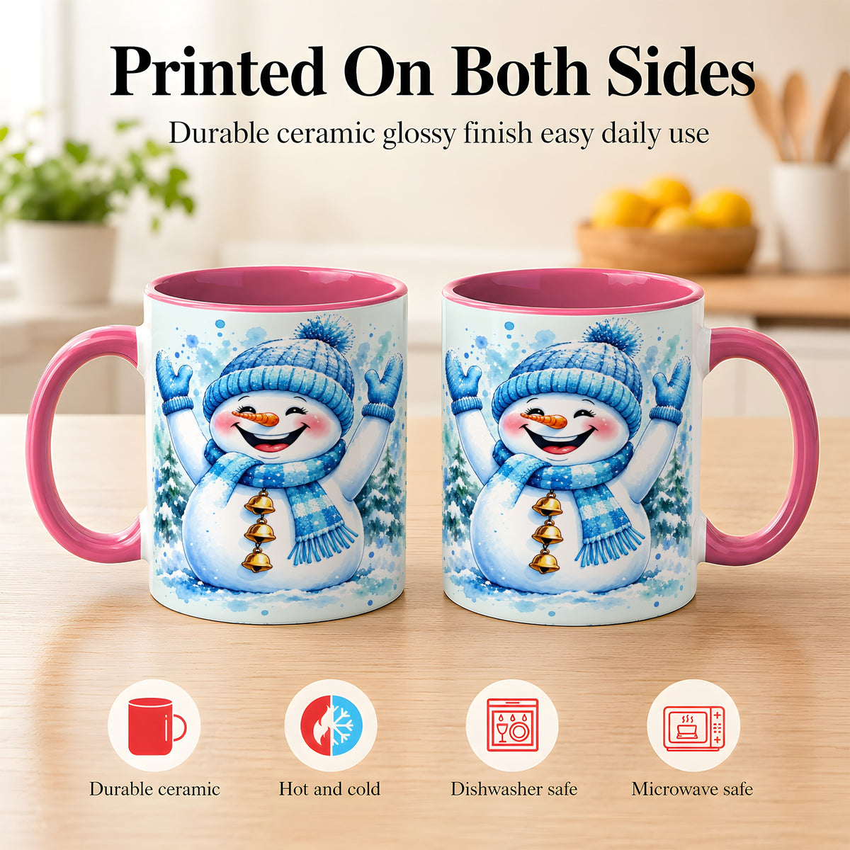 #pl[11oz|Pink] Cheerful Blue Snowman Coffee Mug, Winter Snowman Mug, Ceramic Cup