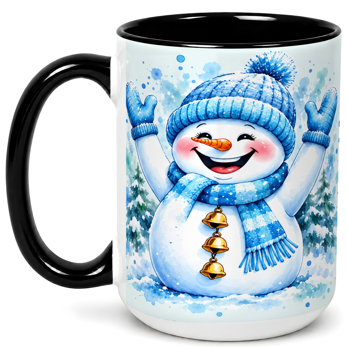 #pl[15oz|Black] Cheerful Blue Snowman Coffee Mug, Winter Snowman Mug, Ceramic Cup