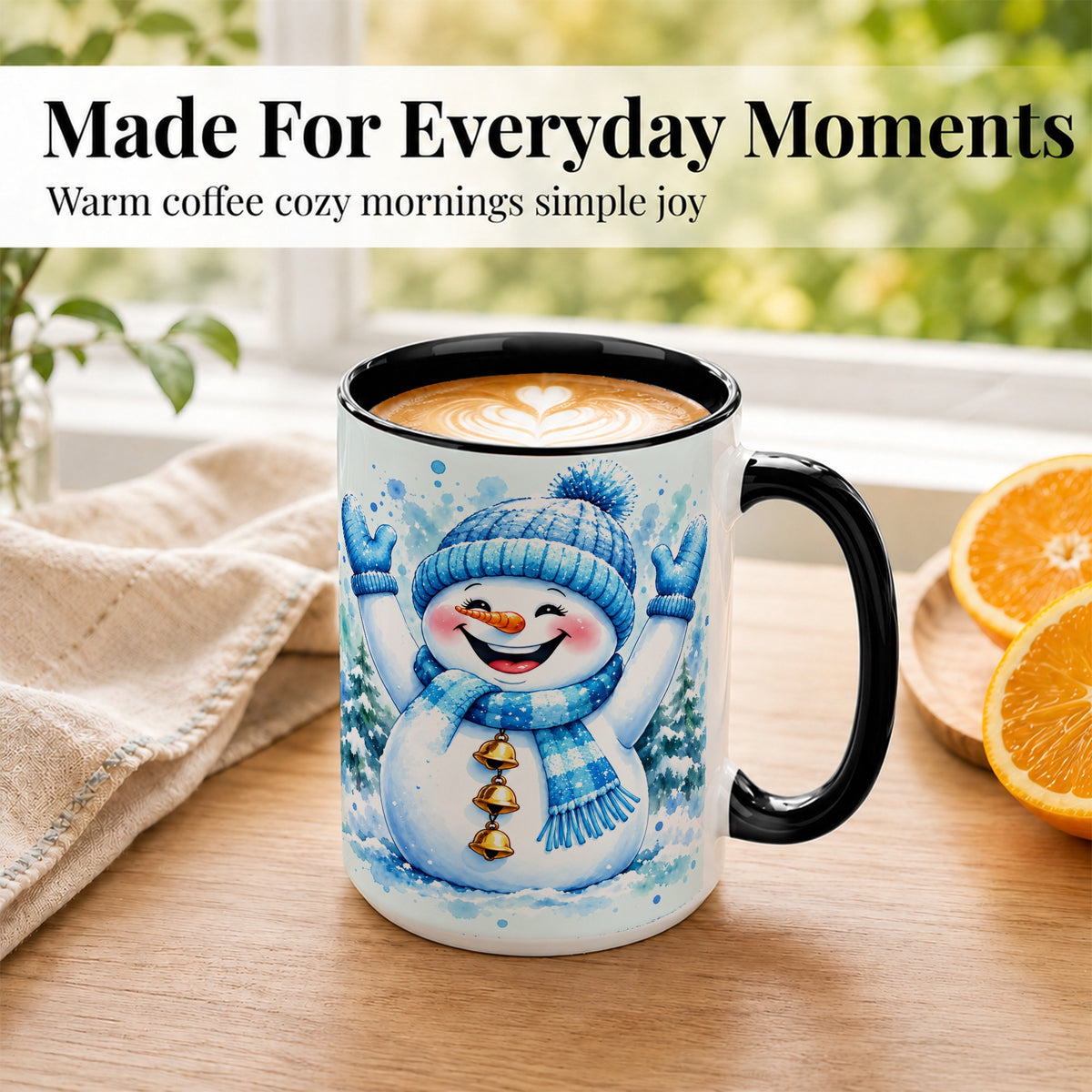 #pl[15oz|Black] Cheerful Blue Snowman Coffee Mug, Winter Snowman Mug, Ceramic Cup