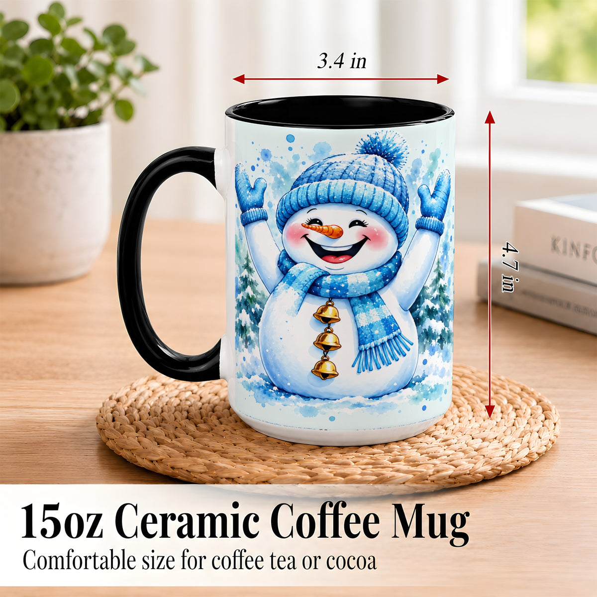 #pl[15oz|Black] Cheerful Blue Snowman Coffee Mug, Winter Snowman Mug, Ceramic Cup