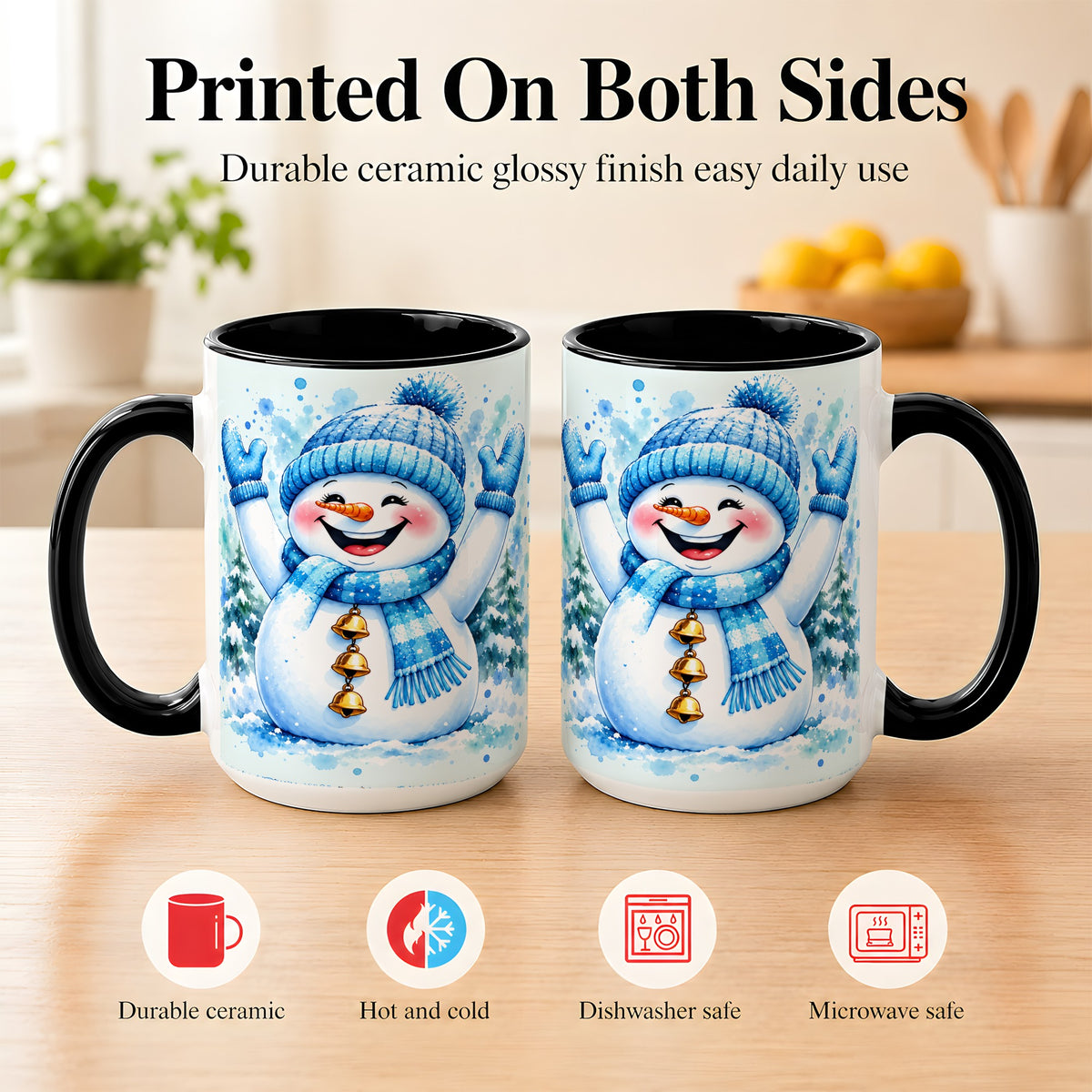 #pl[15oz|Black] Cheerful Blue Snowman Coffee Mug, Winter Snowman Mug, Ceramic Cup