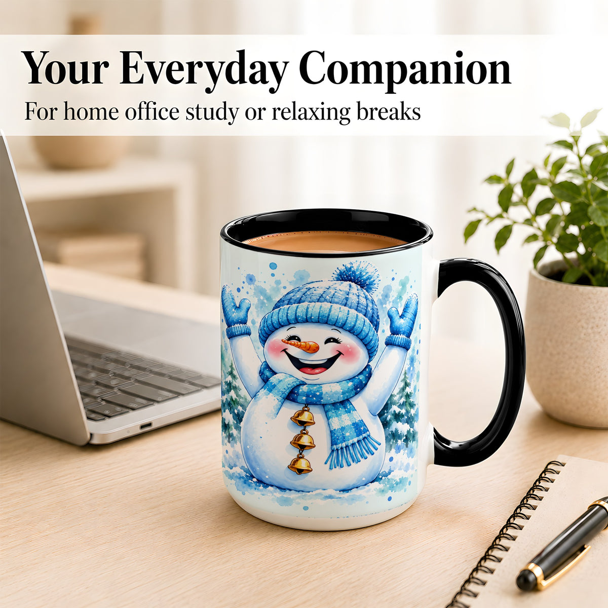 #pl[15oz|Black] Cheerful Blue Snowman Coffee Mug, Winter Snowman Mug, Ceramic Cup