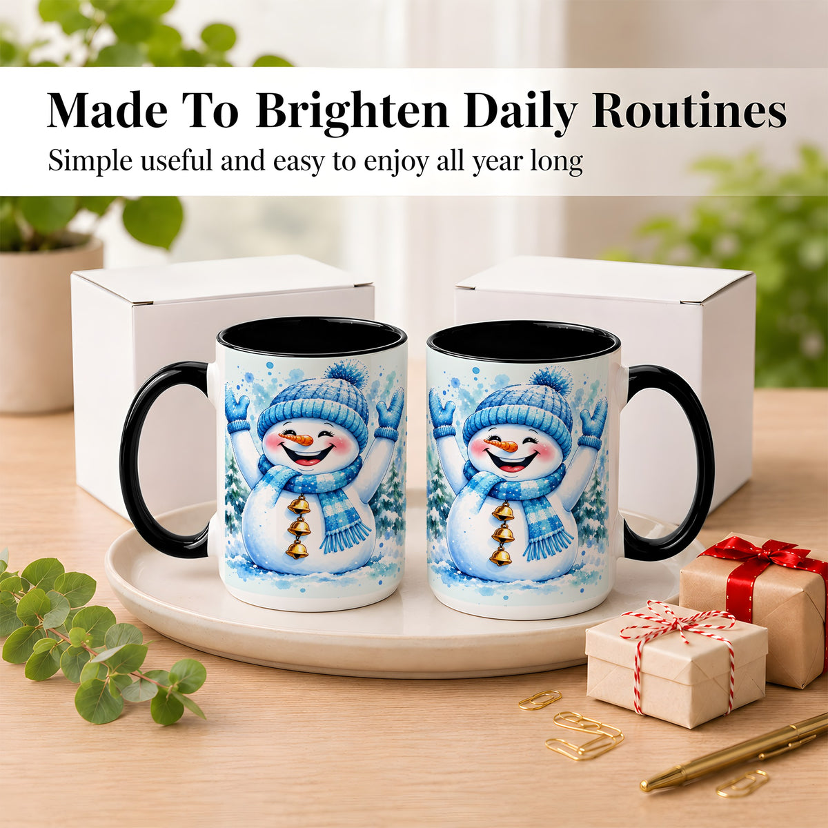 #pl[15oz|Black] Cheerful Blue Snowman Coffee Mug, Winter Snowman Mug, Ceramic Cup