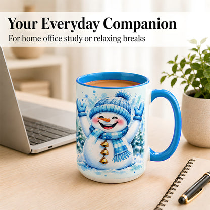 #pl[15oz|Blue] Cheerful Blue Snowman Coffee Mug, Winter Snowman Mug, Ceramic Cup