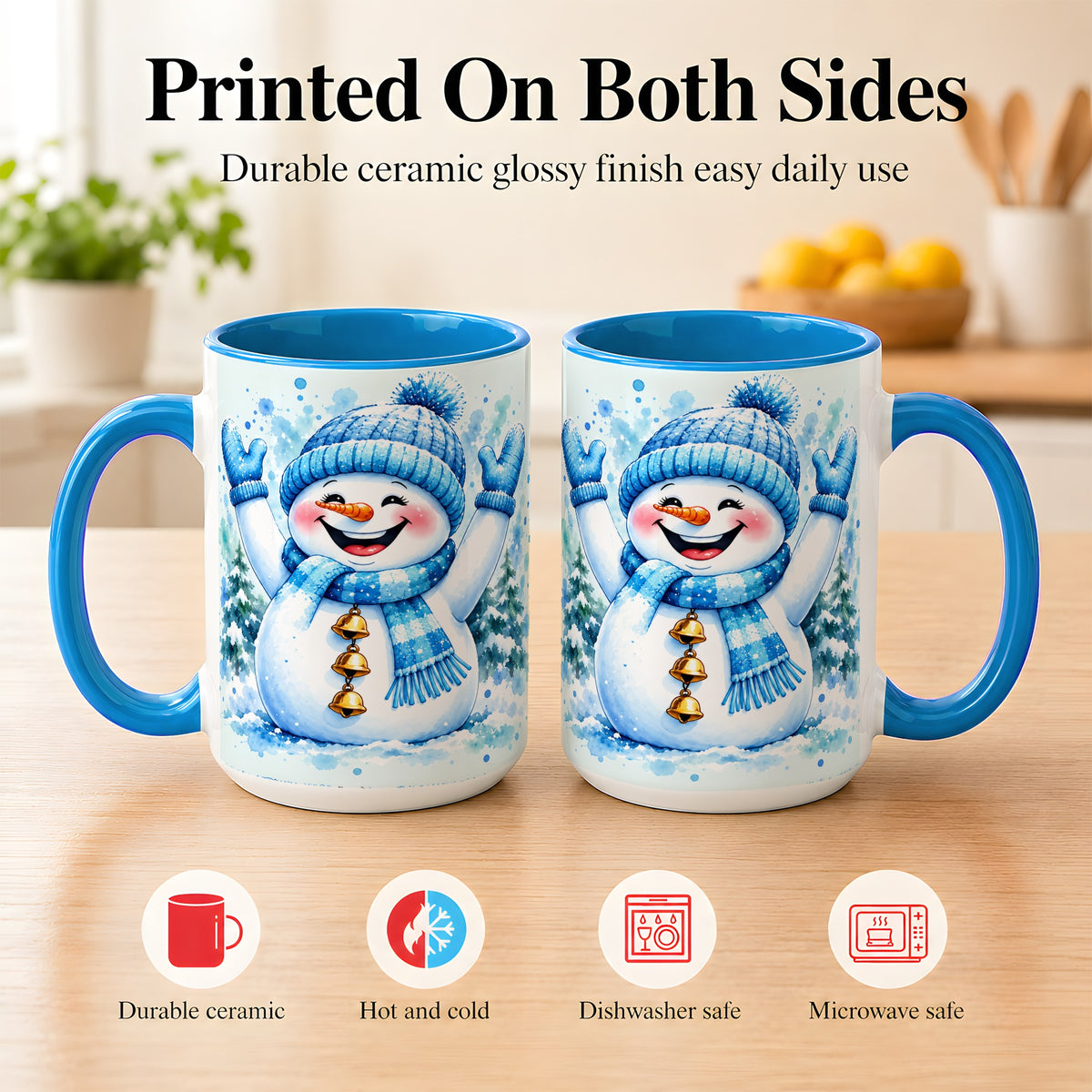 #pl[15oz|Blue] Cheerful Blue Snowman Coffee Mug, Winter Snowman Mug, Ceramic Cup