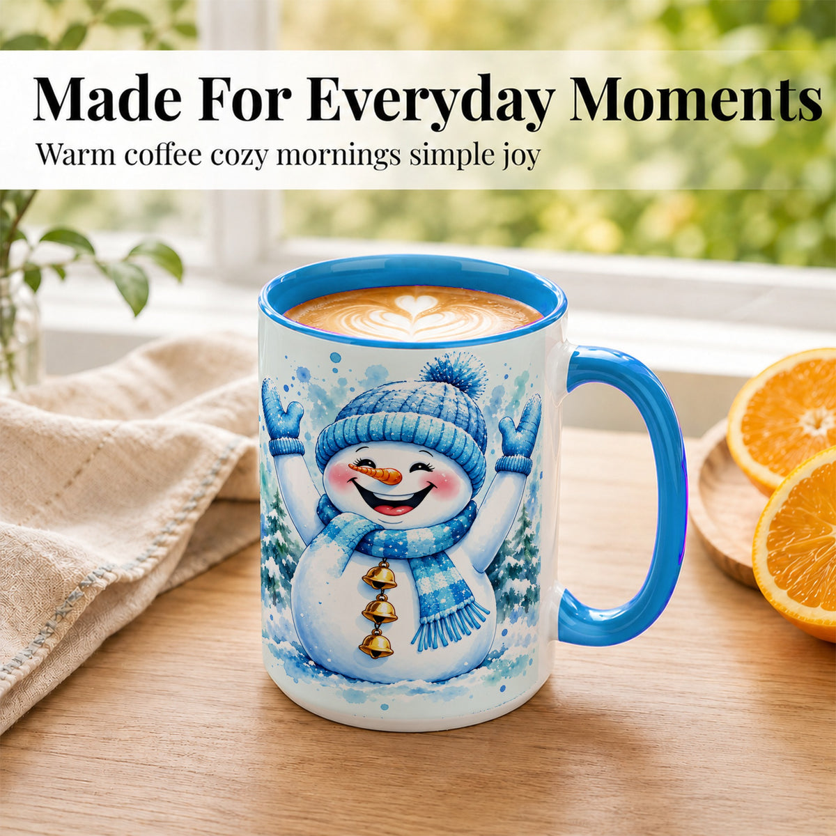 #pl[15oz|Blue] Cheerful Blue Snowman Coffee Mug, Winter Snowman Mug, Ceramic Cup