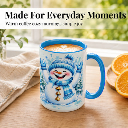 #pl[15oz|Blue] Cheerful Blue Snowman Coffee Mug, Winter Snowman Mug, Ceramic Cup