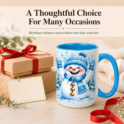 #pl[15oz|Blue] Cheerful Blue Snowman Coffee Mug, Winter Snowman Mug, Ceramic Cup