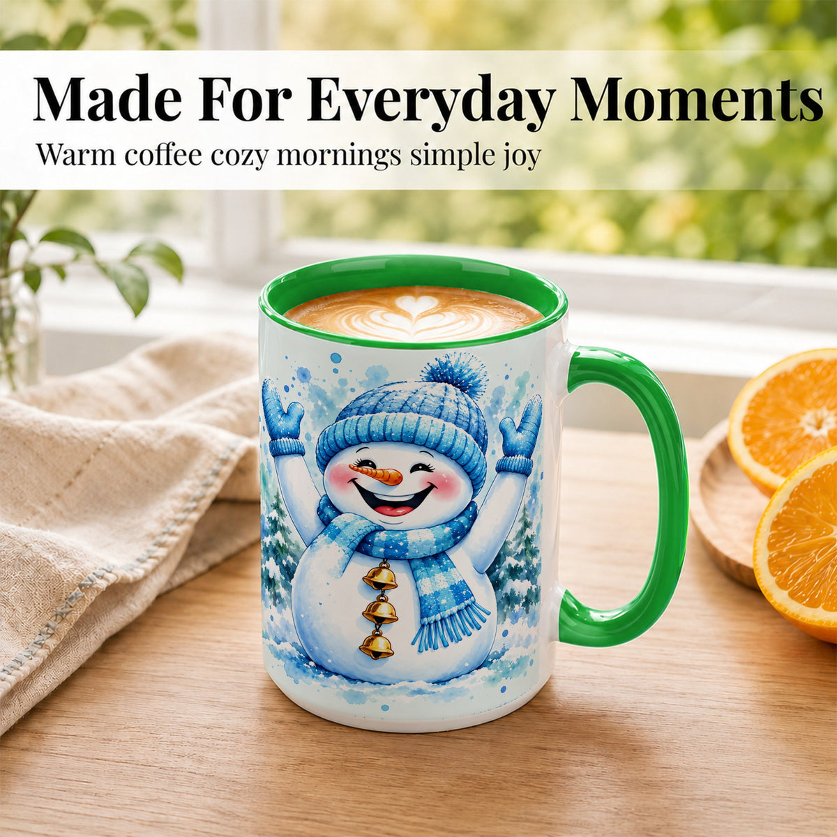 #pl[15oz|Green] Cheerful Blue Snowman Coffee Mug, Winter Snowman Mug, Ceramic Cup