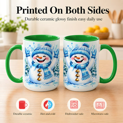 #pl[15oz|Green] Cheerful Blue Snowman Coffee Mug, Winter Snowman Mug, Ceramic Cup