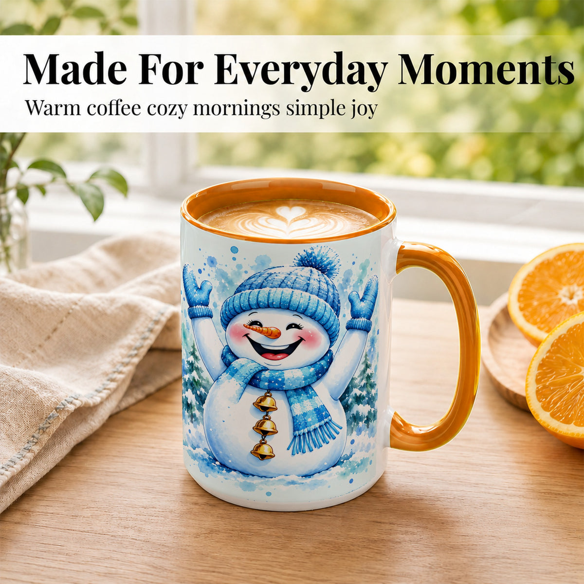 #pl[15oz|Orange] Cheerful Blue Snowman Coffee Mug, Winter Snowman Mug, Ceramic Cup