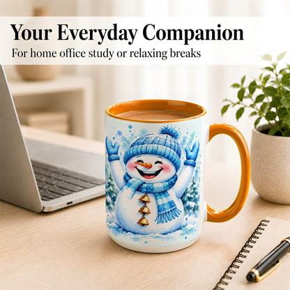 #pl[15oz|Orange] Cheerful Blue Snowman Coffee Mug, Winter Snowman Mug, Ceramic Cup