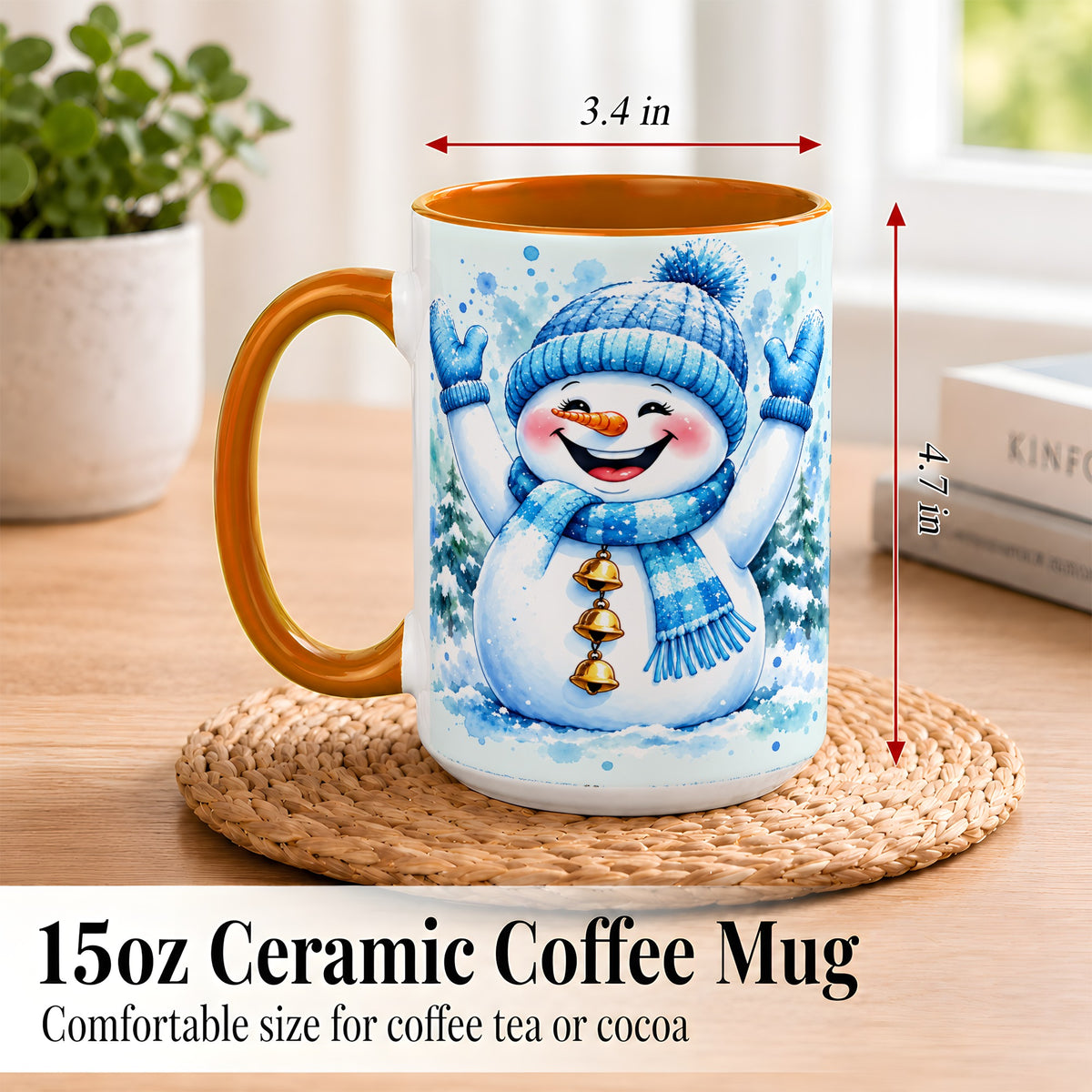 #pl[15oz|Orange] Cheerful Blue Snowman Coffee Mug, Winter Snowman Mug, Ceramic Cup