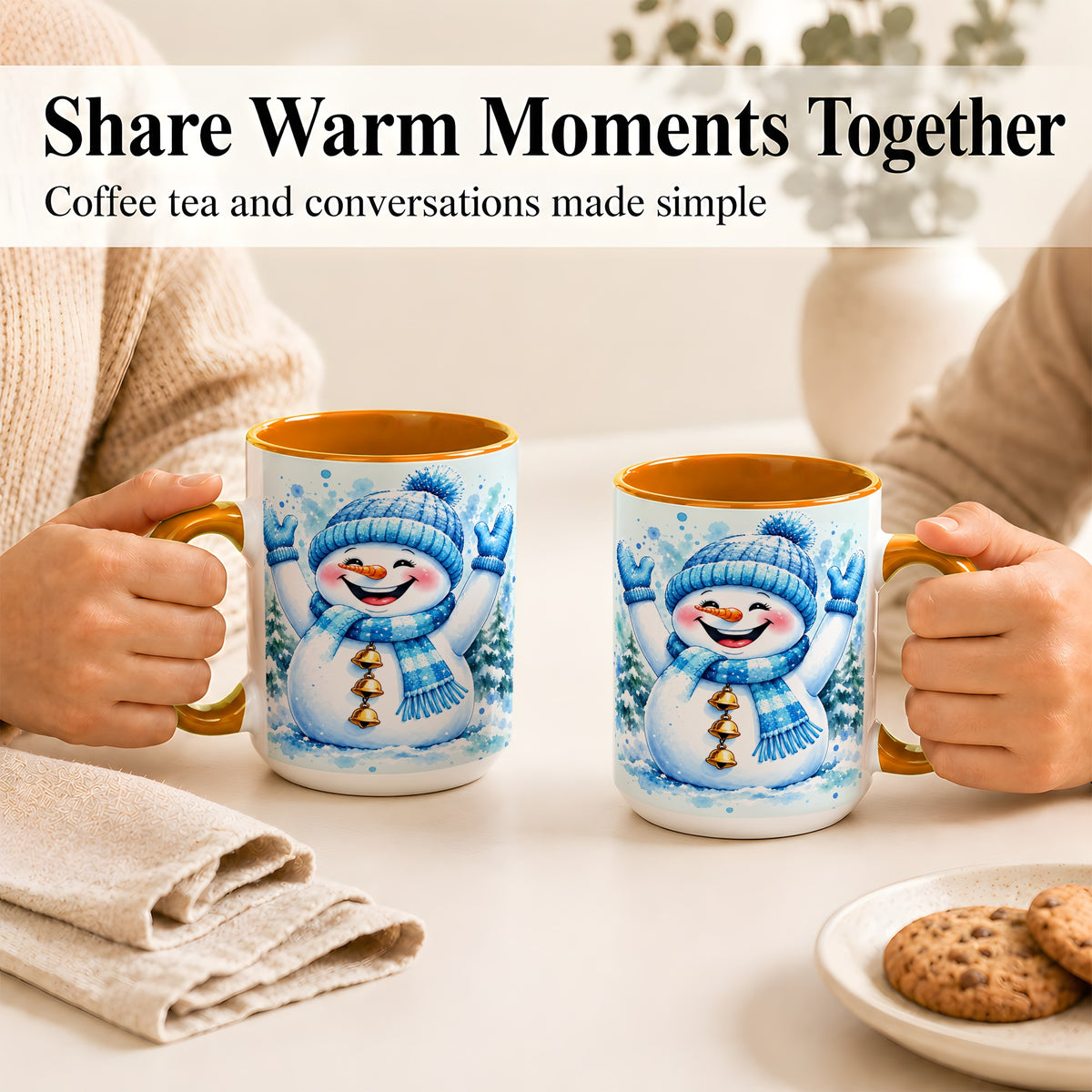 #pl[15oz|Orange] Cheerful Blue Snowman Coffee Mug, Winter Snowman Mug, Ceramic Cup
