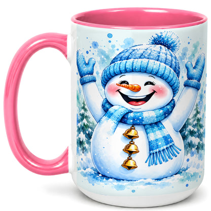 #pl[15oz|Pink] Cheerful Blue Snowman Coffee Mug, Winter Snowman Mug, Ceramic Cup