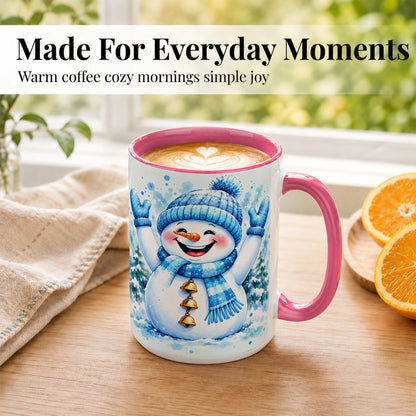 #pl[15oz|Pink] Cheerful Blue Snowman Coffee Mug, Winter Snowman Mug, Ceramic Cup