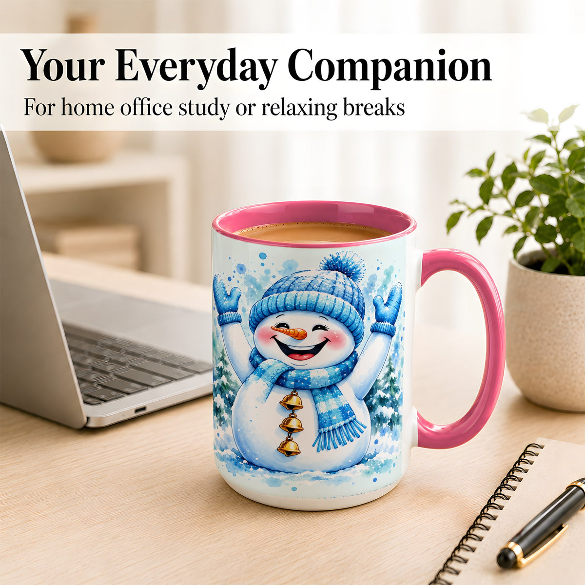 #pl[15oz|Pink] Cheerful Blue Snowman Coffee Mug, Winter Snowman Mug, Ceramic Cup