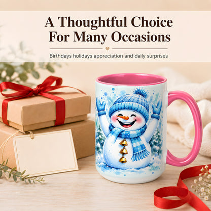 #pl[15oz|Pink] Cheerful Blue Snowman Coffee Mug, Winter Snowman Mug, Ceramic Cup