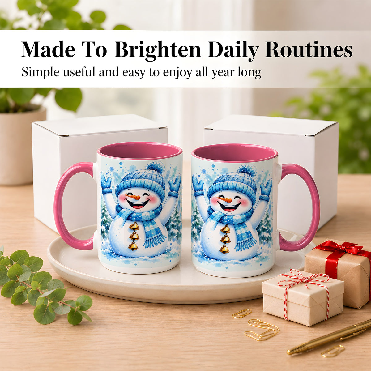 #pl[15oz|Pink] Cheerful Blue Snowman Coffee Mug, Winter Snowman Mug, Ceramic Cup