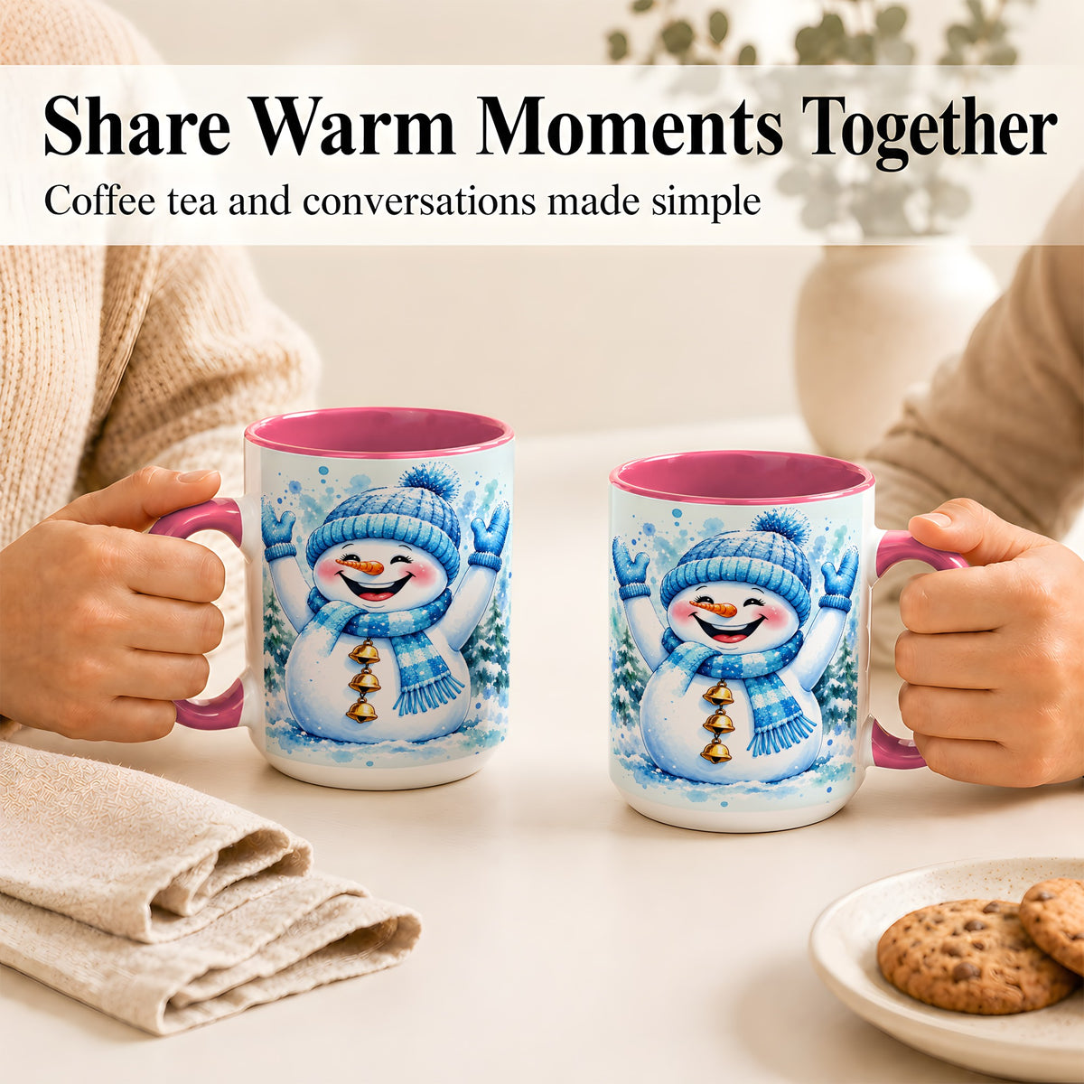 #pl[15oz|Pink] Cheerful Blue Snowman Coffee Mug, Winter Snowman Mug, Ceramic Cup