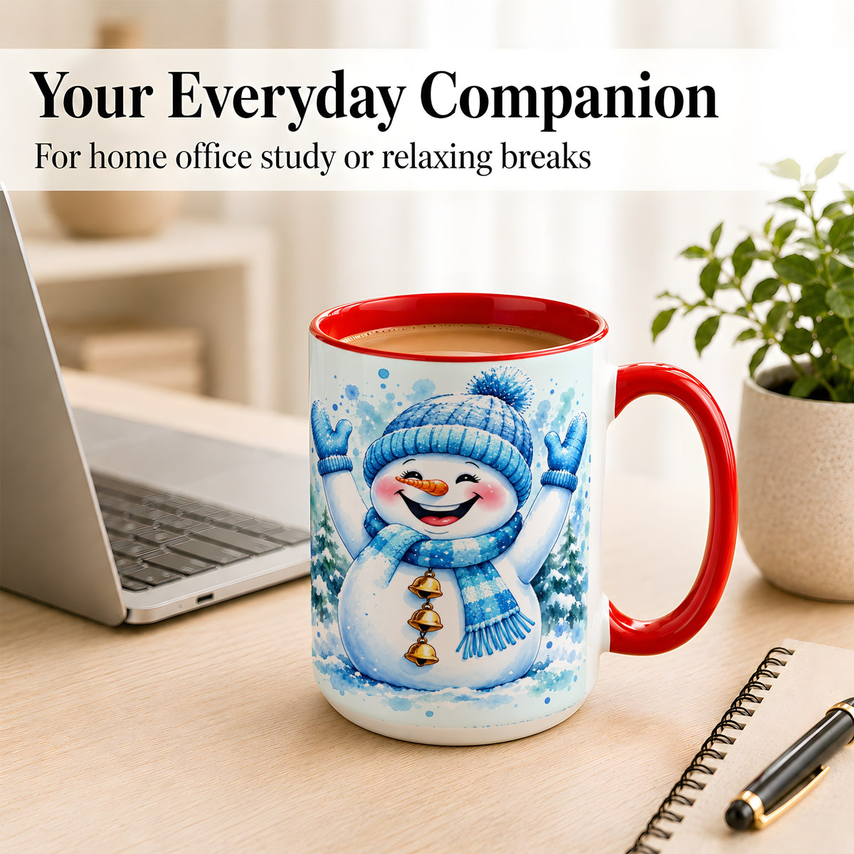 #pl[15oz|Red] Cheerful Blue Snowman Coffee Mug, Winter Snowman Mug, Ceramic Cup