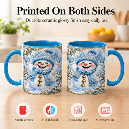 #pl[11oz|Blue] Cheerful Snowman Coffee Mug, Winter Snowman Mug, Ceramic Cup