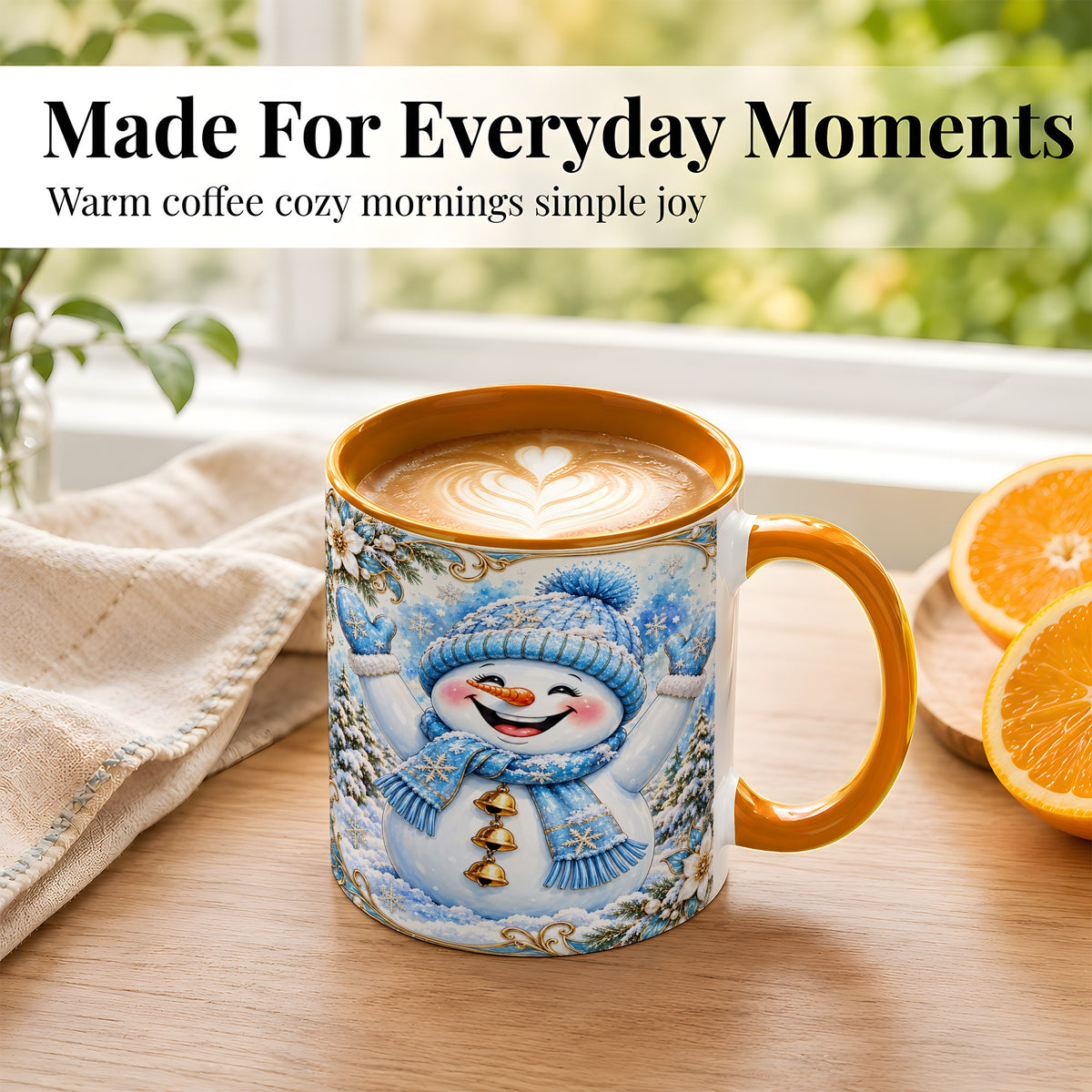 #pl[11oz|Orange] Cheerful Snowman Coffee Mug, Winter Snowman Mug, Ceramic Cup